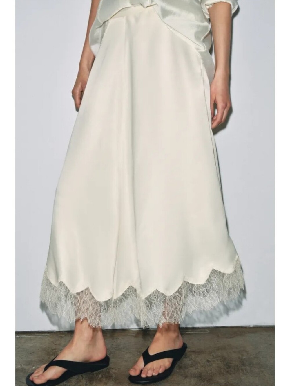 Zara Ivory Satin-Effect Lace-Hem High Waist Feminine Long Skirt